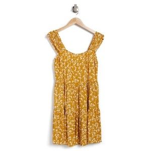 GOOD LUCK GEM Floral Mini Tiered Dress 100% Rayon Ruched Detail Yellow Women S